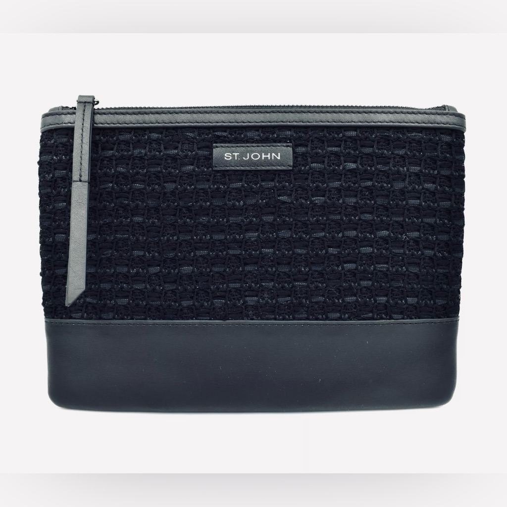 St. John Knits Black Woven Knit / Leather Trimmed Clutch Flat Bagpurse Bag